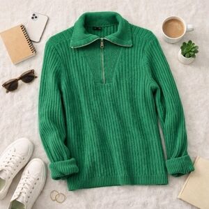 Talbots Green Ribbed Mockneck 1/4 Zip L Sleeve Midweight Sweater. Ladies Size L